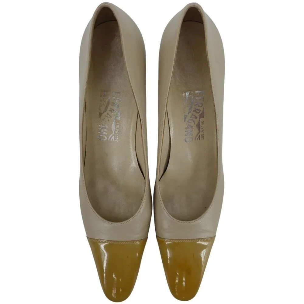 Salvatore Ferragamo Italy Beige Yellow Leather Dress Shoes Womens 8.5 AAAA Heels - Picture 10 of 11